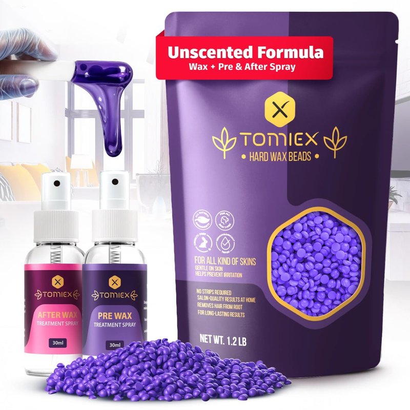 TOMIEX Wax Beads 19.2oz (1.2lb) – Hair Removal Kit with Pre & Post Wax Spray + 10 Spatulas – No Strip Needed – Gentle Formula for Sensitive Skin – For Face, Legs, Brazilian, Bikini & Body