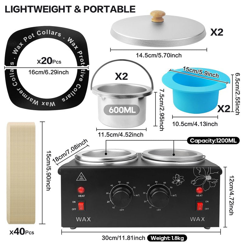 Portable Wax Warmer Machine for Painless Hair Removal, Women Men Professional Wax Heater with Adjustable Temperature Set, 40pcs Sticks, 2 Silicone Bowls (Black - Double Pots)