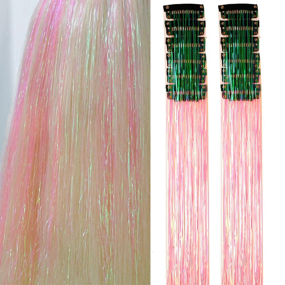 Clip In Hair Tinsel Extensions - 20 Inch Glitter Strands for Festivals | 12 Pcs Black Dazzle Kit for Women & Girls