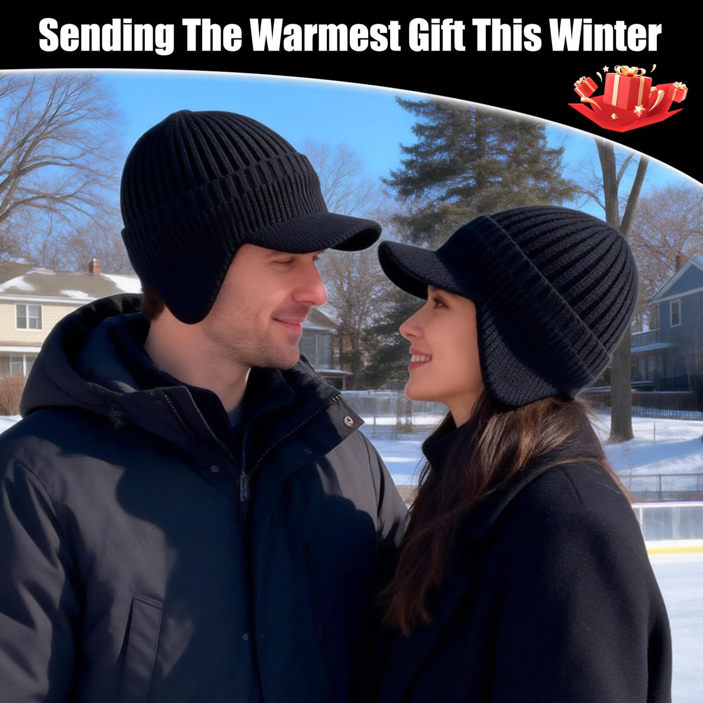 Cozy Head Beanies for Women Men, 2026 New Cozyhead Hats with Brim and Ear Flaps Outdoor Winter Warm Knitted Black