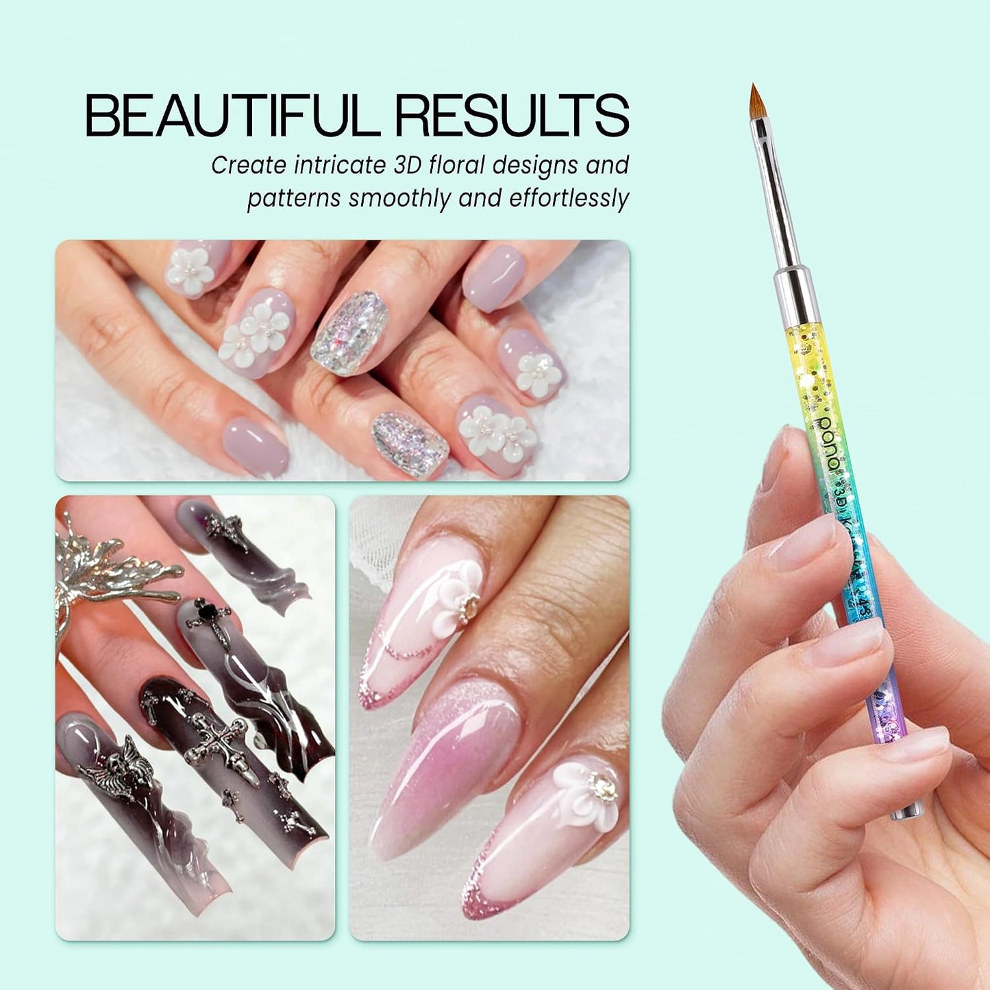Kolinsky 3D Acrylic Nail Brushes - Liquid Glitter Handle for Professional Manicure | Rainbow Color, Size #4