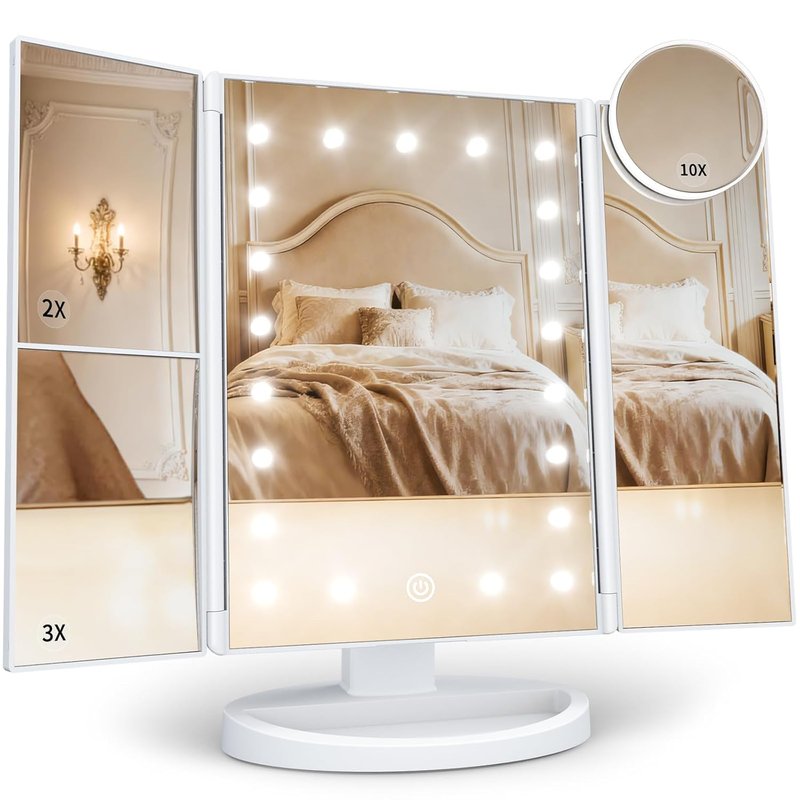 Makeup Mirror with Lights - Trifold Vanity Mirror | 2X/3X/10X Magnification, Touch Control, Dual Power Supply