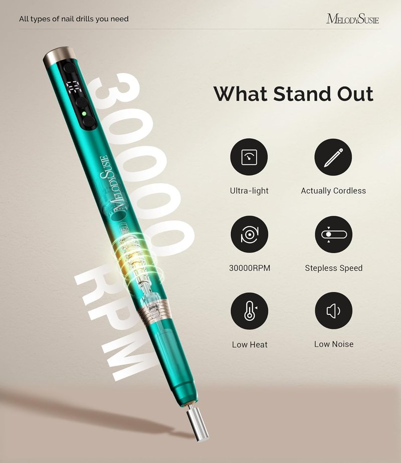 MelodySusie Ultra-Slim Cordless Nail Drill - 30000RPM Portable Electric File with LED Display for Manicure & Gel Removal
