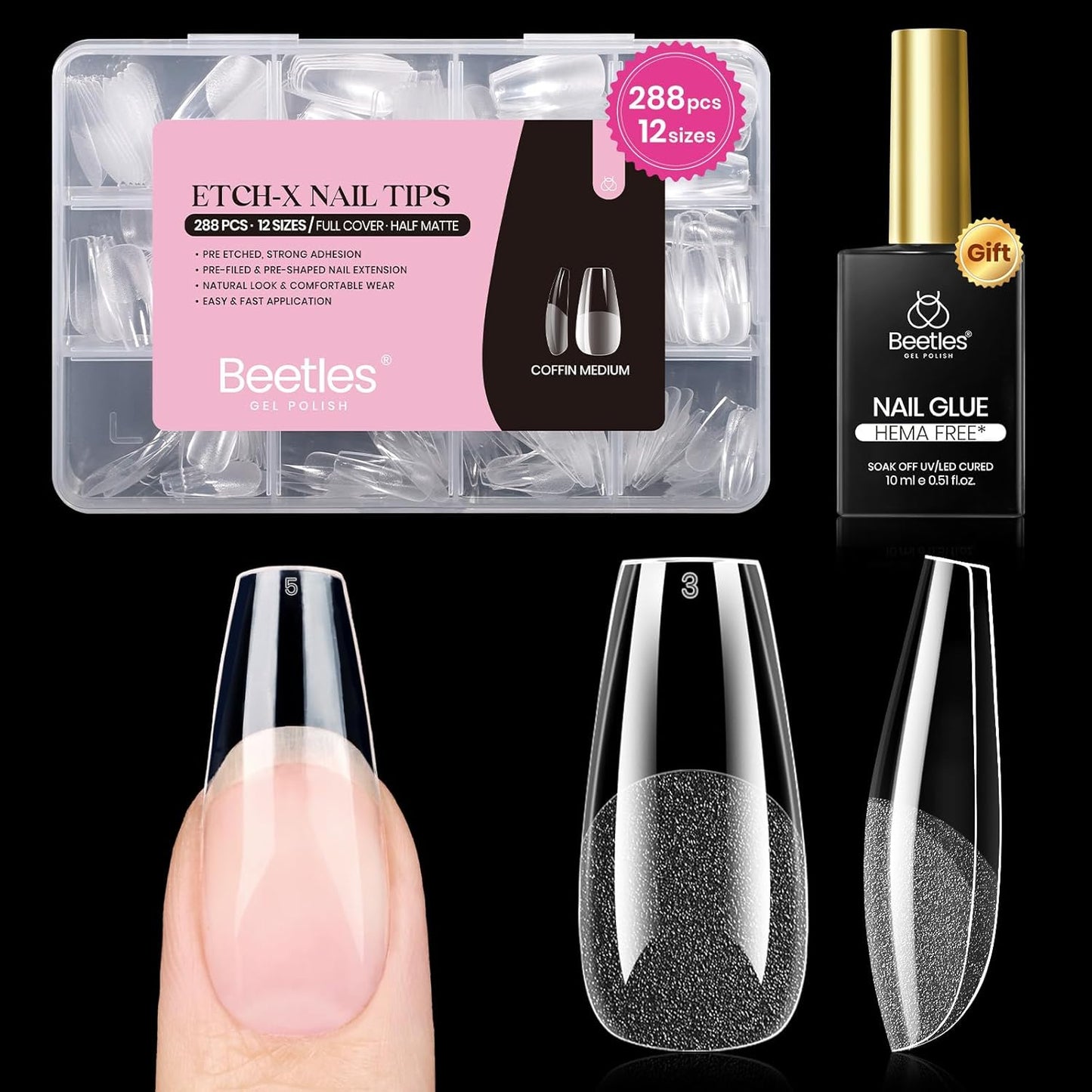 Beetles Gel Nail Kit - Almond Medium 288pcs Nail Tips with Hema-Free Glue Gel | Pre-Etched Half Matte Extension Set for DIY