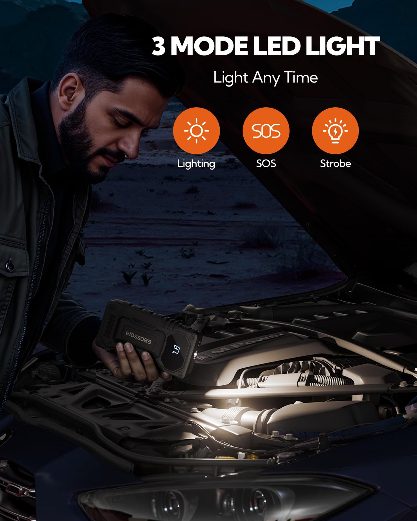 2026 New Portable Car Battery Jump Starter,12000mAh Battery Jump Box,44.4Wh Vehicle Jump Booster with Smart Jumper Cables,LED Light Emergency Car Kits for Vehicles,Arrancador Ae Batería