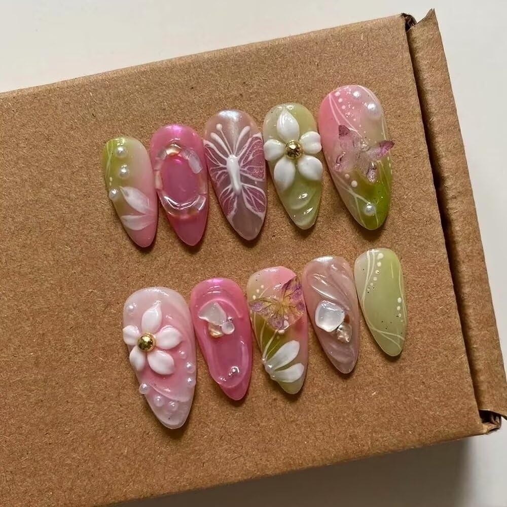 Press On Almond Nails - Handmade 3D Design, Thick Acrylic Gel | Reusable DIY Artificial Nails for Women (10 Pieces)
