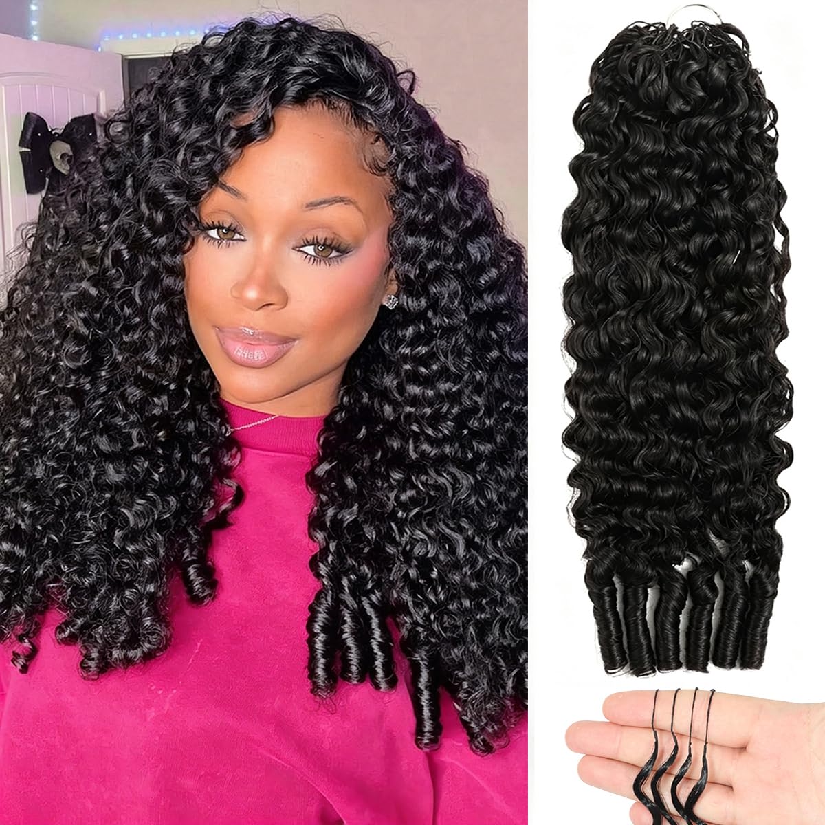Human Crochet Hair for Black Women 16 Inch 60g Burmese Curly Human Hair Bundles Pre-Separated Miracle Knots Feather Crochet Human Hair Lightweight Reusable Hair Extensions 50 Strands Natural Black