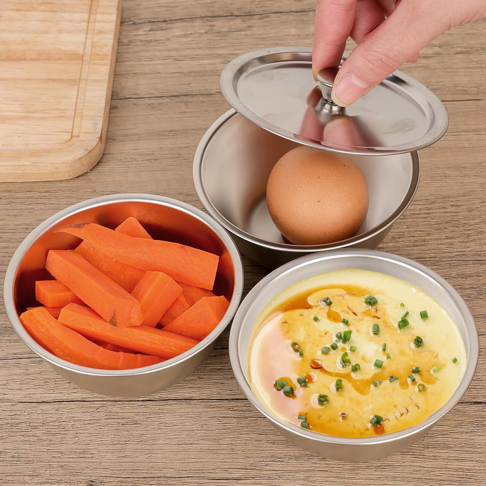 304 Stainless Steel Steamed Egg Bowl With Lids Household Kitchen Tableware Fruit Salad Dessert Soup Bowl Food Container,10 * 5.3 * 5cm