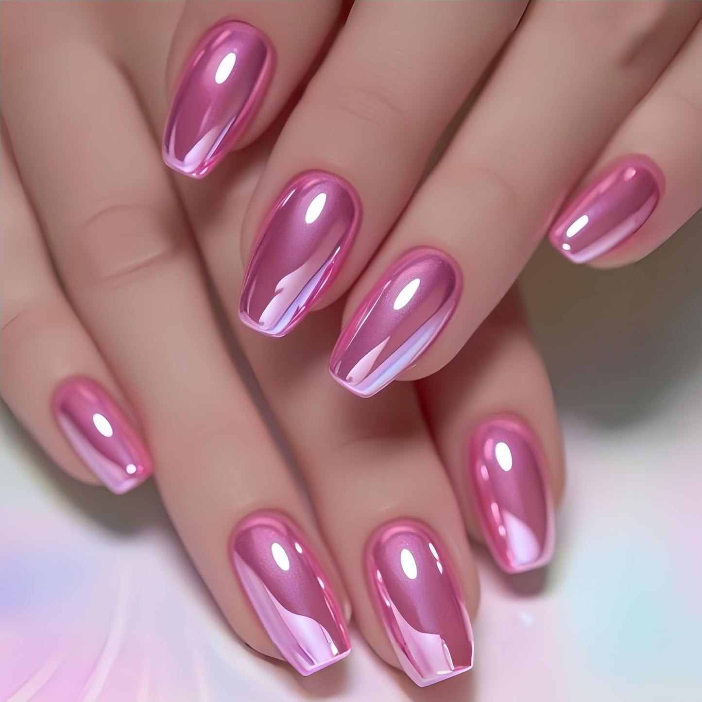 Press On Nails - Medium Length Pink Chrome Square Full Cover | 24 Pcs Sparkly Artificial Nails for Women