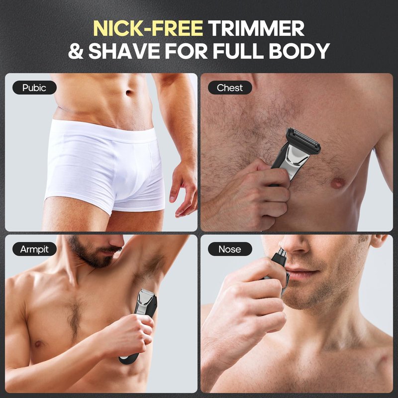 TEENOVA Manscape Body Hair Trimmer for Men, No Nick Pubic Bikini Trimmer for Women, 3 in 1 Versatile Groin Shaver with Nose Hair Trimmer, Cordless Dock Charging, LED Display, Wet/Dry Grommer (Silver)