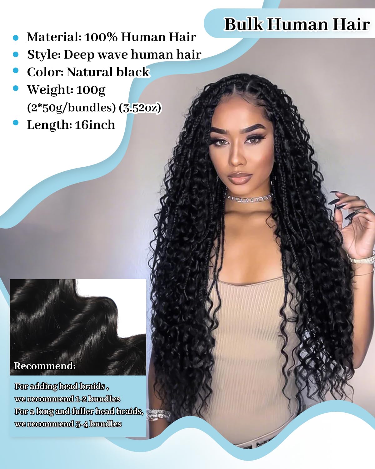 Flagship Human Braiding Hair for Boho Braids,Human Braiding Hair 16inch 100g Deep Wave Human Hair 2 Bundles