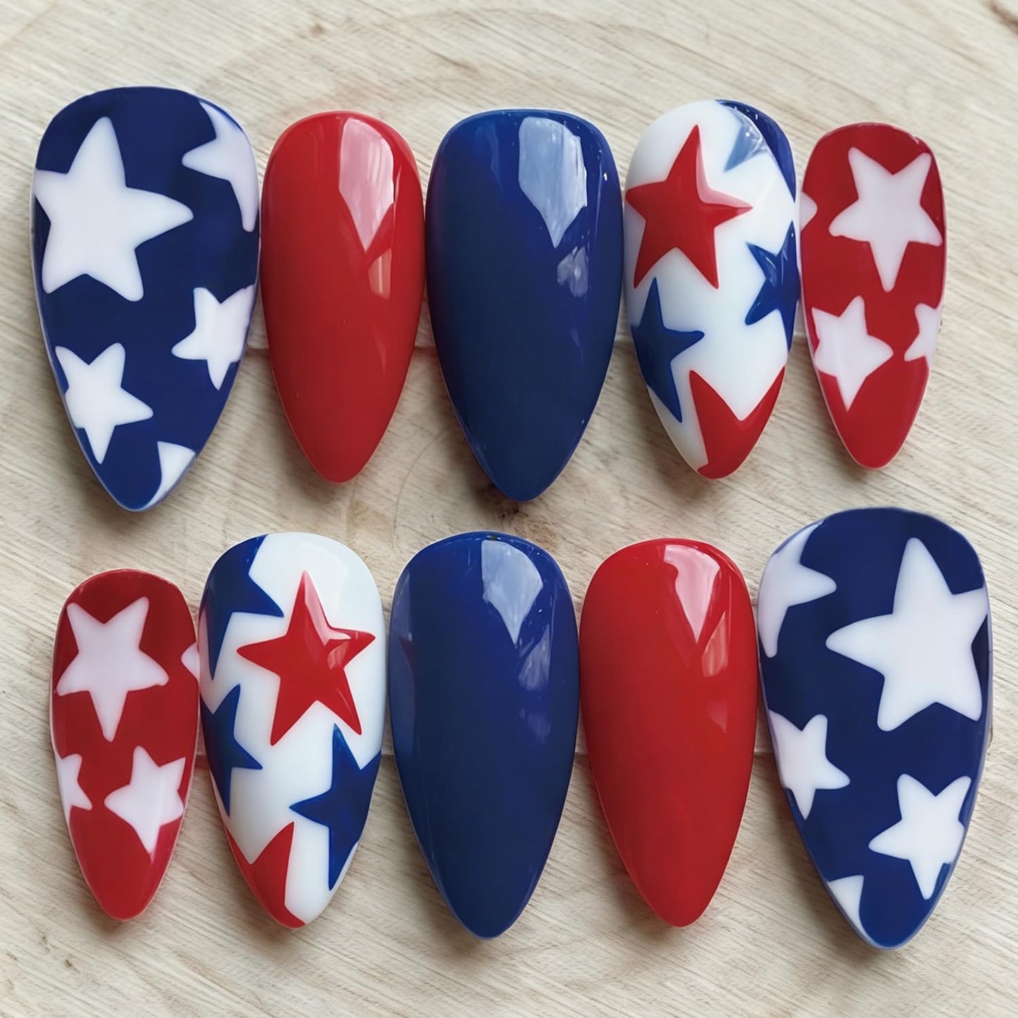 Almond Press-On Nails - 30 Pcs Medium 3D Gold Star Design | Glossy Full Cover Butterfly Acrylics