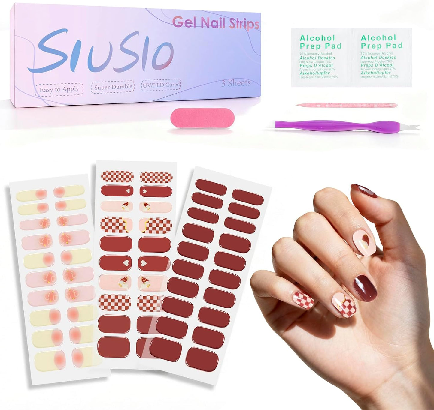 Burgundy Red Gel Nail Strips - 3pcs Semi-Cured UV Press-On Wraps with Gold Glitter | Easy Apply & Remove for DIY Nail Art