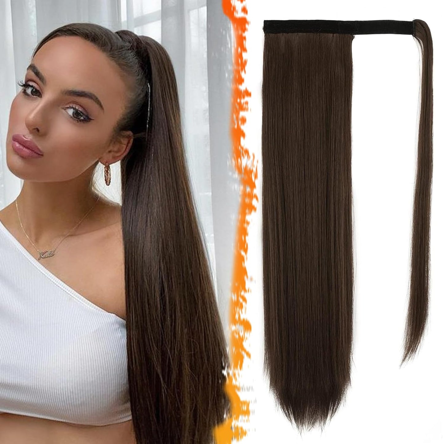 Dark Brown Straight Wrap Ponytail Extension - 24 Inch Clip-In Hairpiece for Black Women | Synthetic Hair