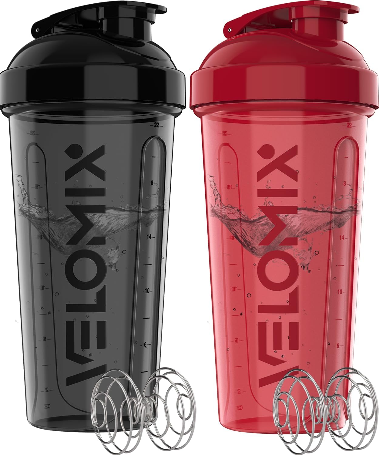 Protein Shaker Bottles - 28 oz Leak Proof Shaker Cups with 2 Wire Whisks | 2-Pack (Black/Transparent)