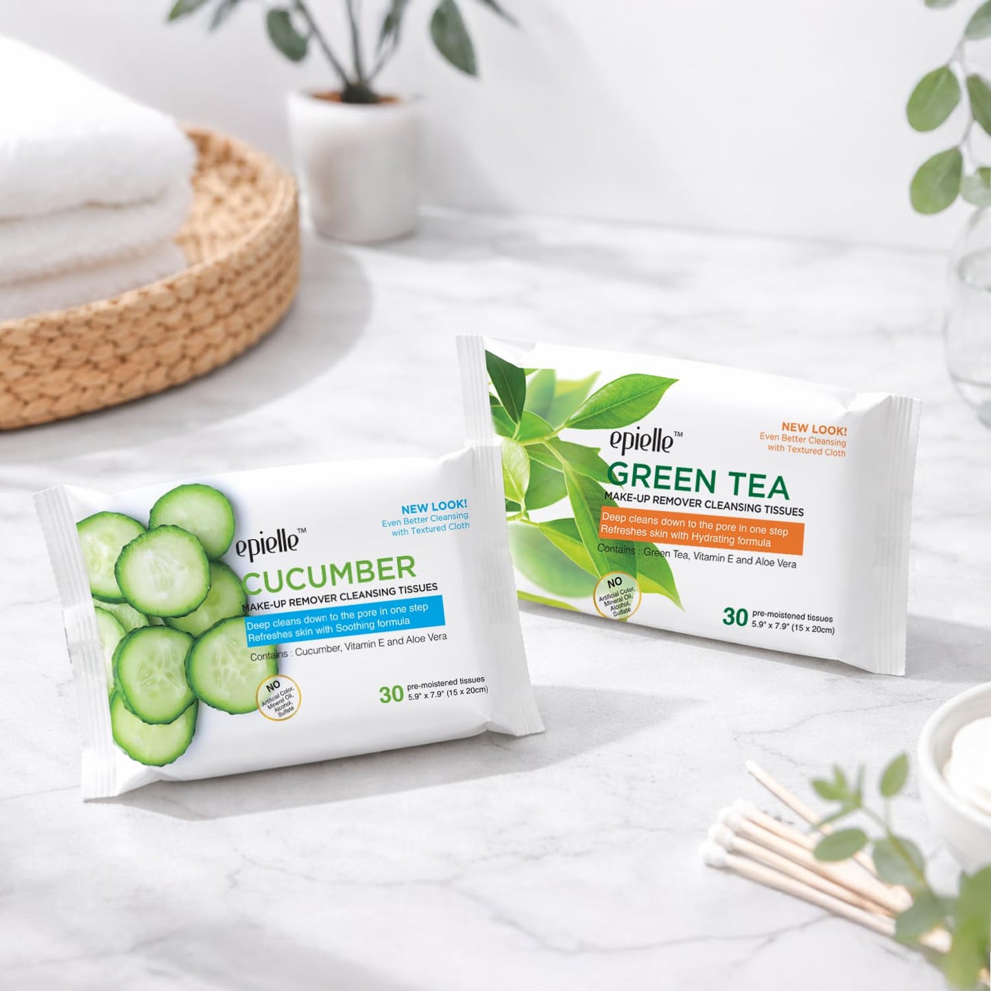 Epielle Gentle Skin Cleansing Wipes - Vitamin C, Aloe Vera & Green Tea | 6 Pack, 30 Count Each, Alcohol-Free, Hypoallergenic