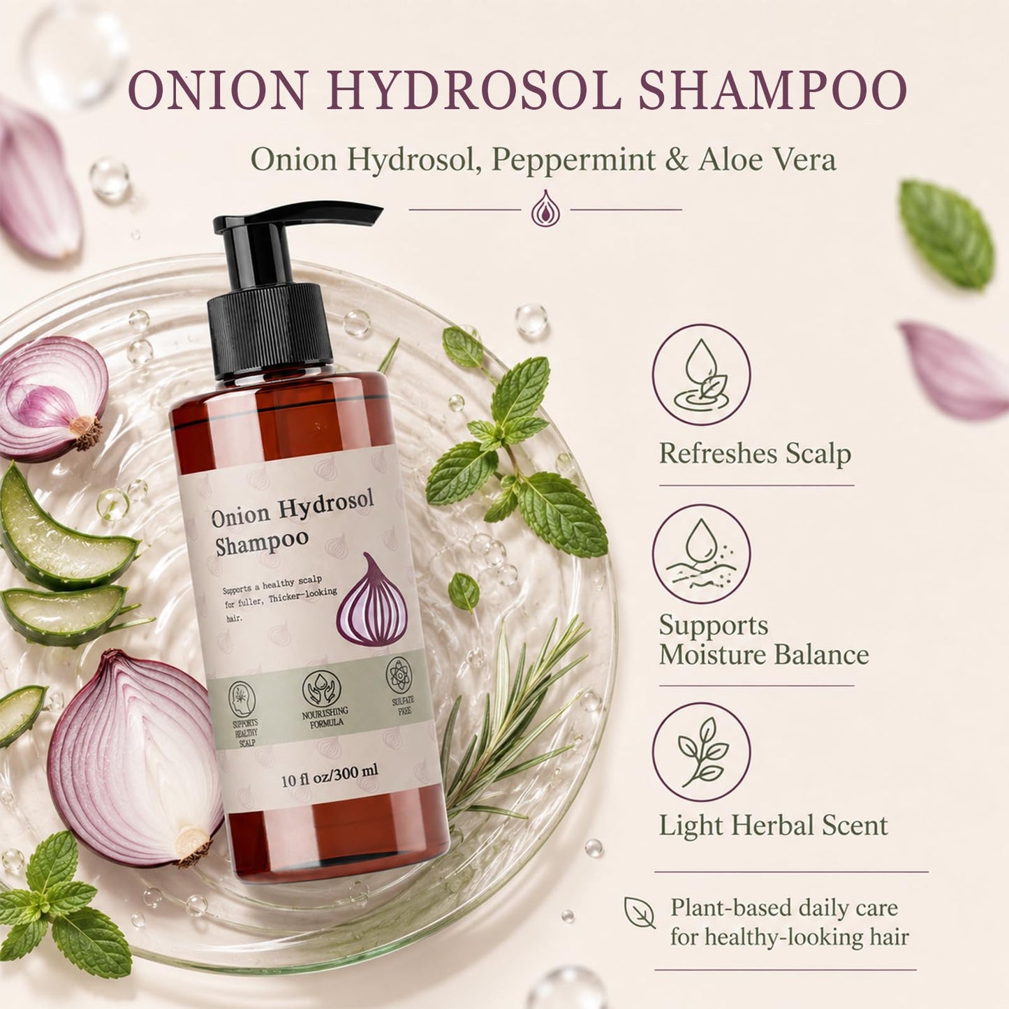 Onion Hydrosol Shampoo for Hair Growth, Onion Hydrosol with Rosemary, Biotin, for Stronger, Fuller and Thicker Hair, Growth Shampoo for Women and Men(1pc)