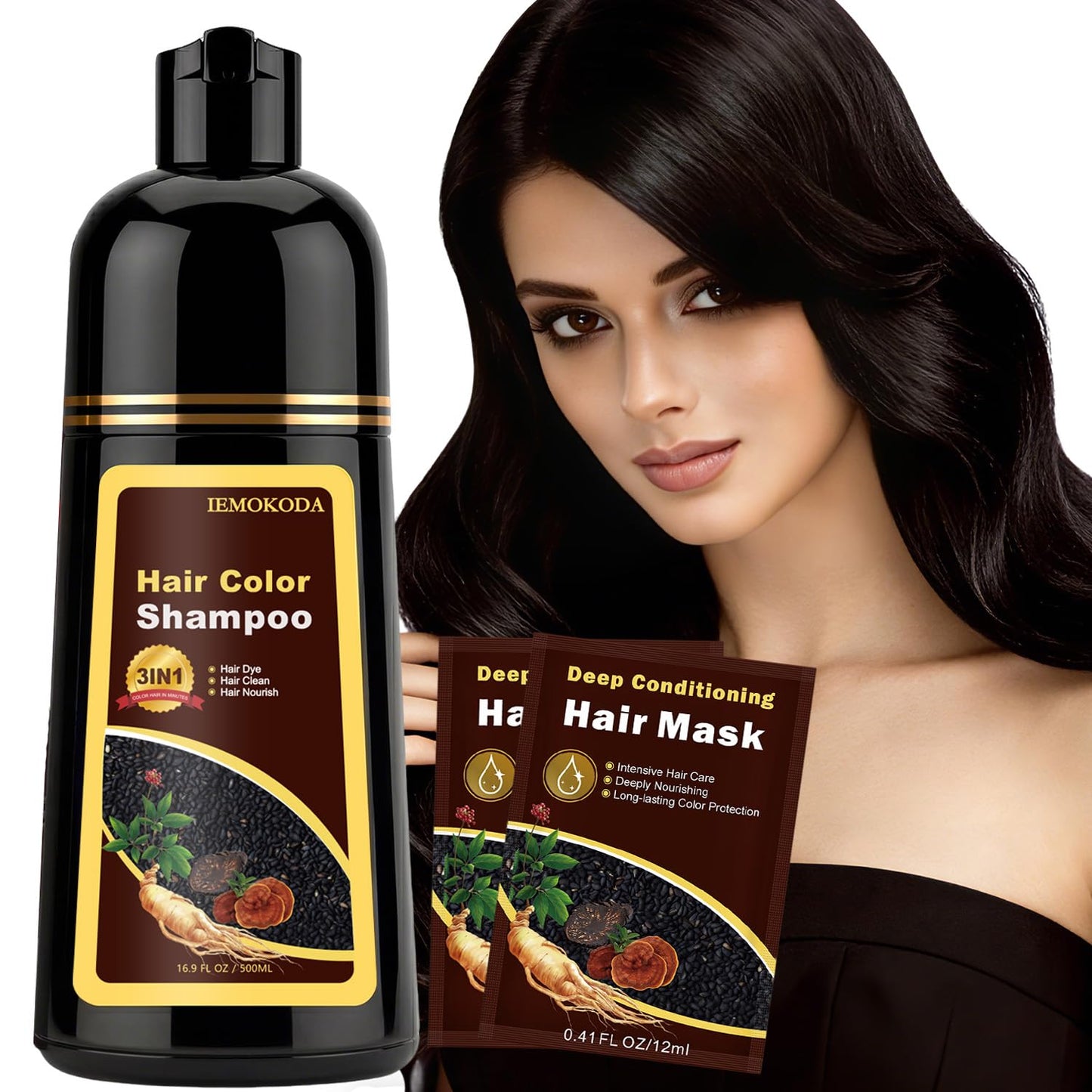 Instant Black Hair Dye Shampoo - 100% Gray Coverage | Herbal Formula, 3-in-1 Care, 500ML