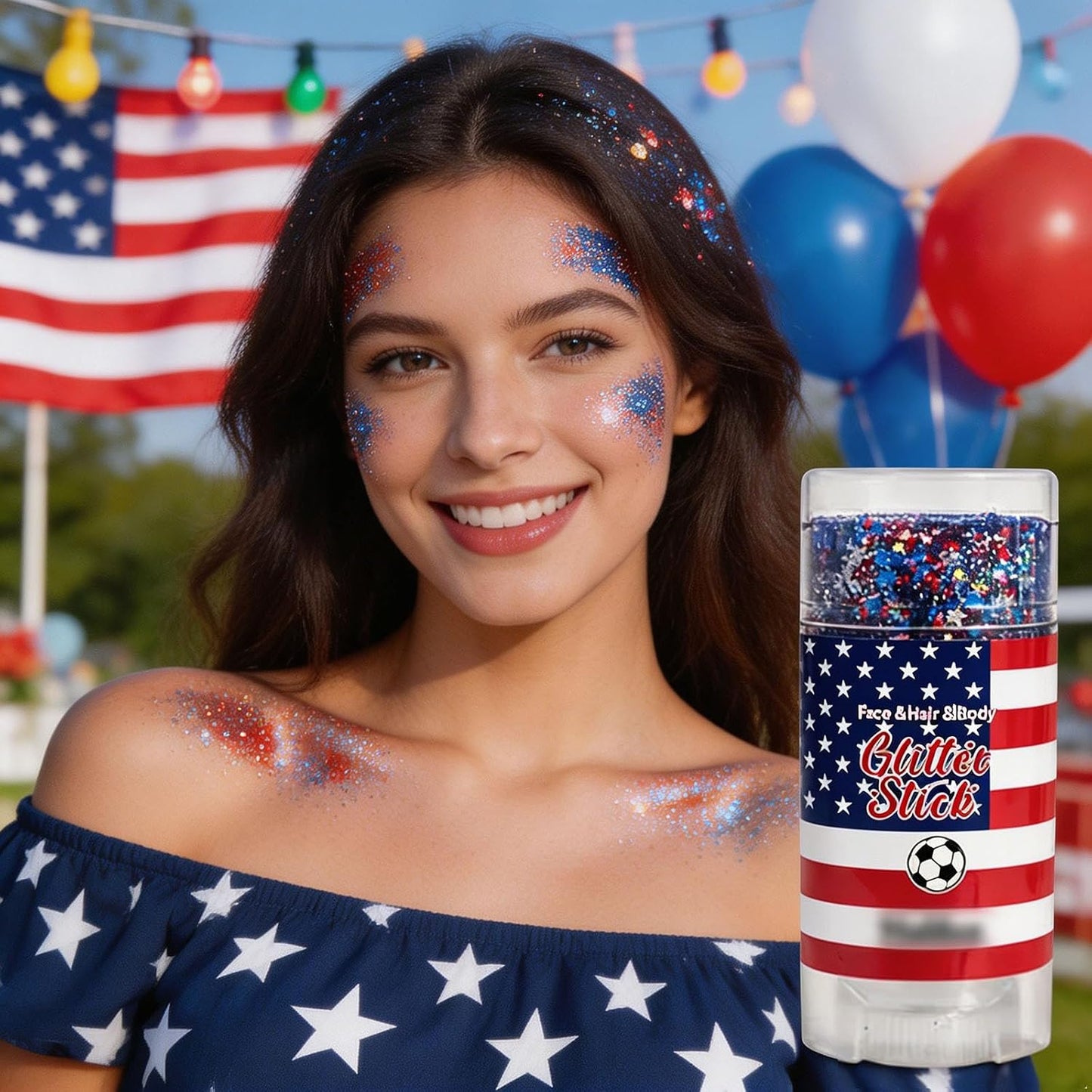 Red White Blue Hair Glitter Stick | Face & Body Paint for Fourth of July Makeup & Decorations