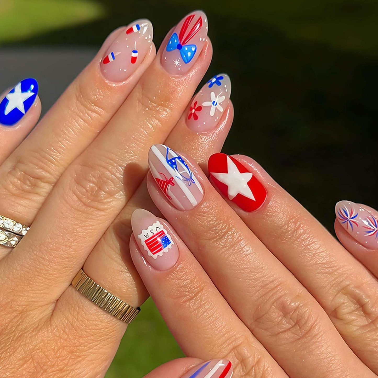 Press On Nails - Medium Square American Flag Glitter Design | 24Pcs Red, Blue & Gold 4th of July Fake Nails