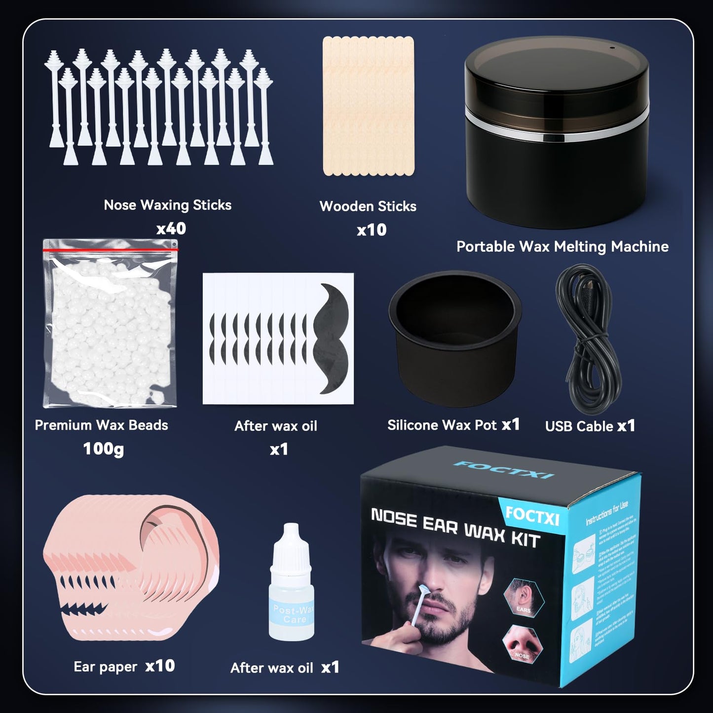 FOCTXI Nose Wax Kit - Portable Ear Nose Hair Waxing Kit for Men and Women with 100g Ｗax, 40 Nose Hair Sticks, 10 Applicators, 10 Mustache & 10 Ear Protectors, Wax Warmer Kit for Hair Removal