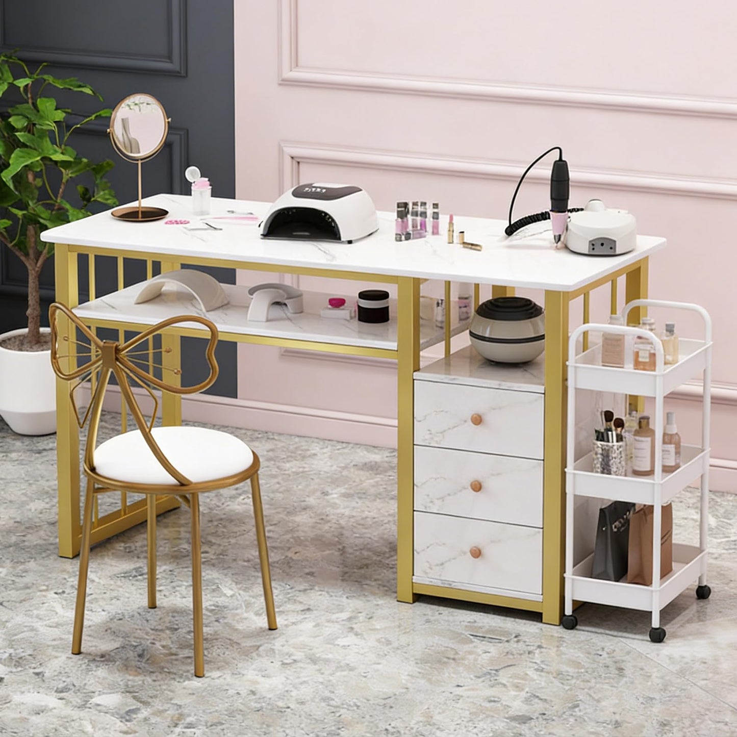 BuufuS Marbling Texture Manicure Table, 3 Drawers Manicure Desk Steel Frame Utility Nail Tech Desk with Black Foot Pads for Living Rooms Commercial Nail Salons(Gold White)