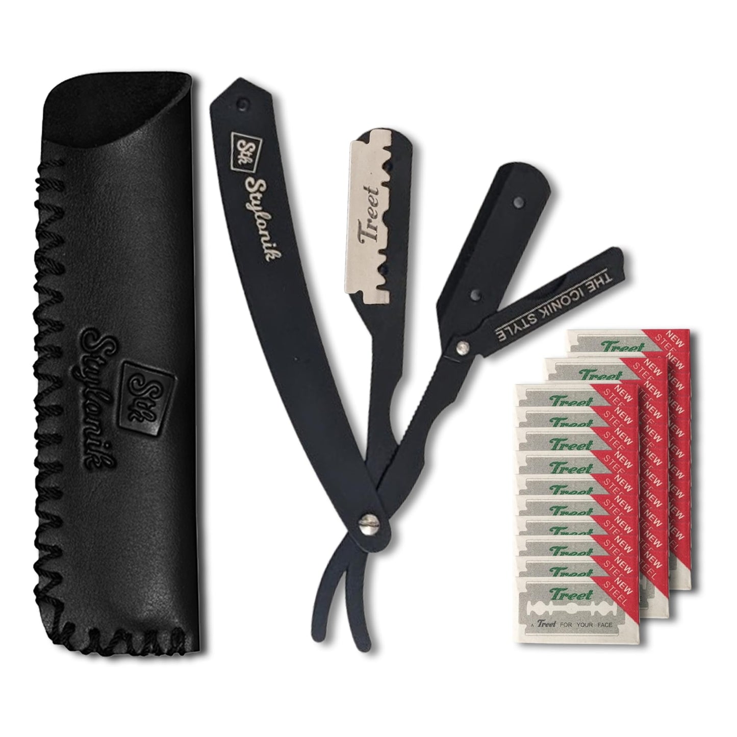 Stylonik Straight Razor for Men – Professional Straight Edge Razor Kit for Men with 60 Single/30 Double Sided Straight Razor Blades and Barber Razor Leather Case