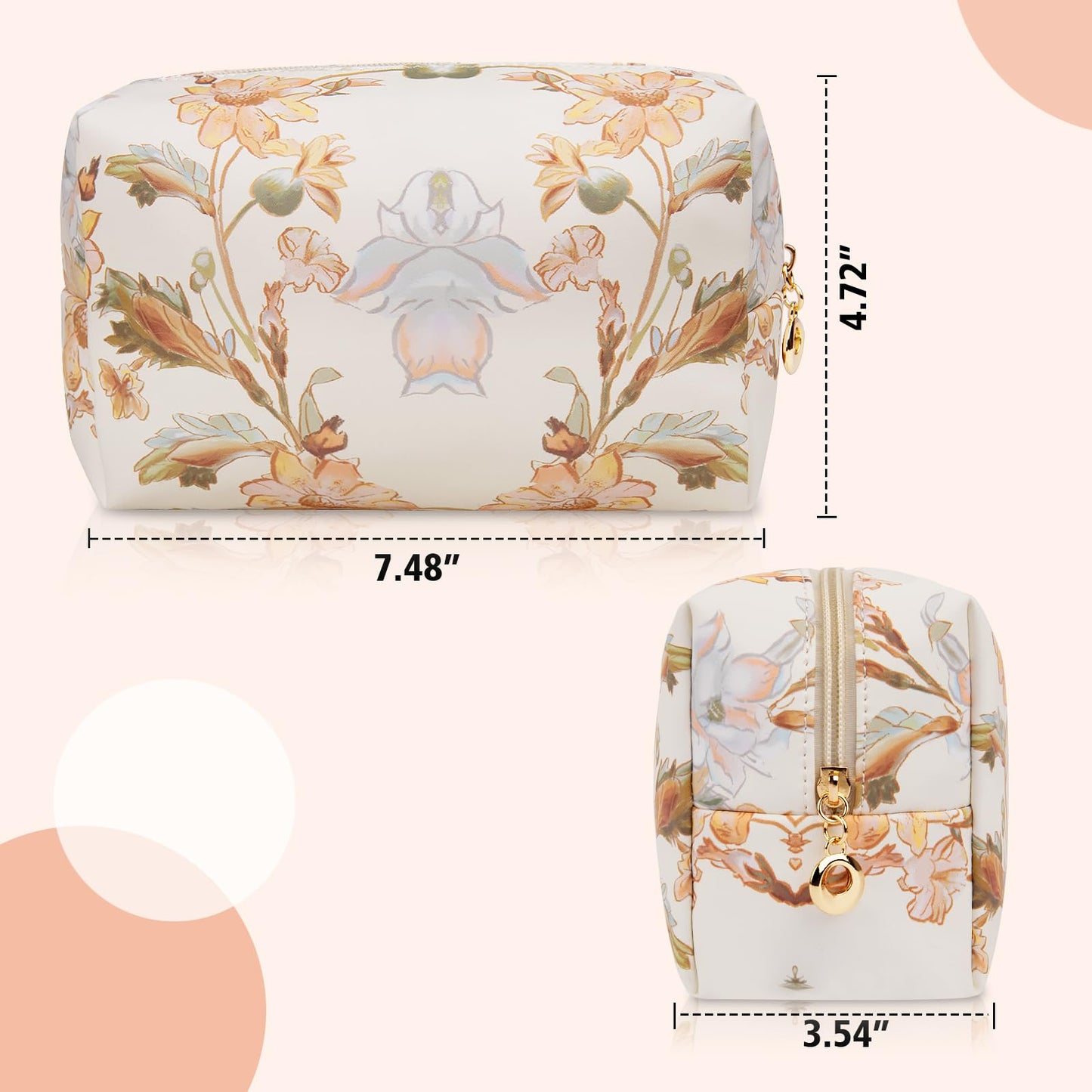 Gosect Floral Waterproof Makeup Bag, Leather Cosmetic Bag with Compartments, Zipper Make up Pouch Organizer, Portable Storage Travel Toiletry Bag Gifts for Women Girls(Pink Flower)