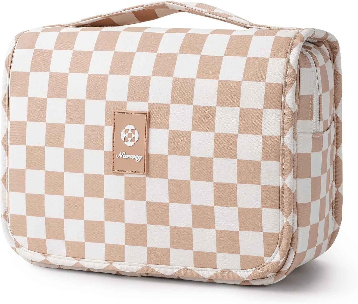 Narwey Small Hanging Travel Toiletry Bag - Checkered Makeup Organizer for Women | Mint Green Checkerboard
