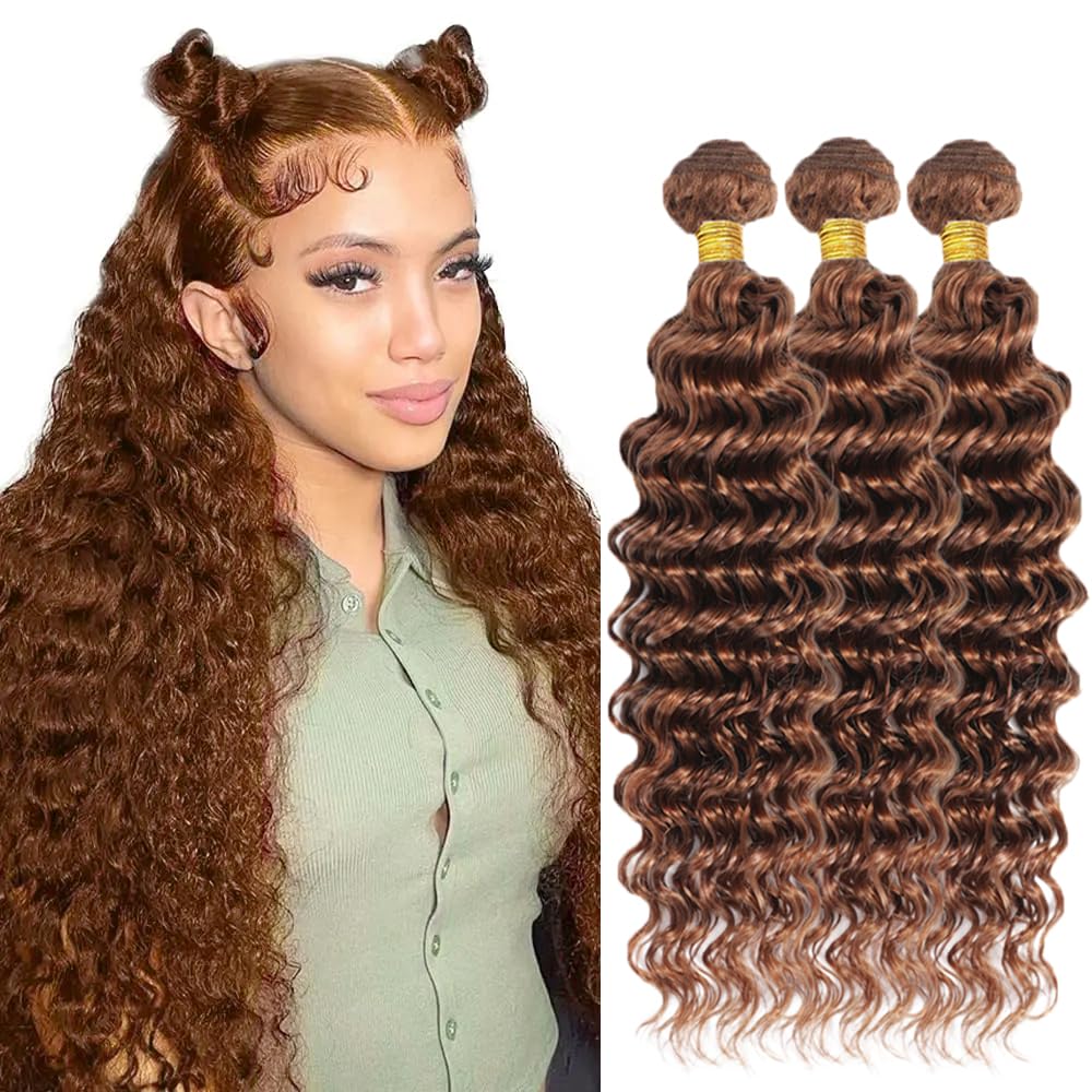 Light Brown Bundles Human Hair Color #30 Deep Wave Bundle 12 14 16 Inch Unprocessed Virgin Hair 150g/3 Bundles Brown Deep Wave Bundle Hair Weave
