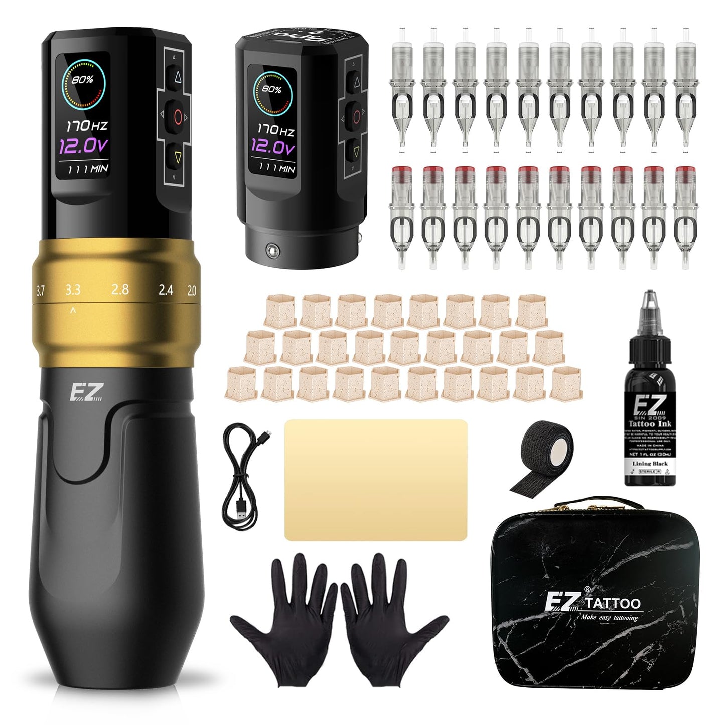 EZ P3 Pro Tattoo Kit - Tattoo Gun Kit with 6 Strokes 2.0-4.2mm Wireless Tattoo Machine Pen with Extra 1600mAh Power Supply and Tattoo Ink for Tattoo Beginners and Tattoo Artists (Matte Golden)