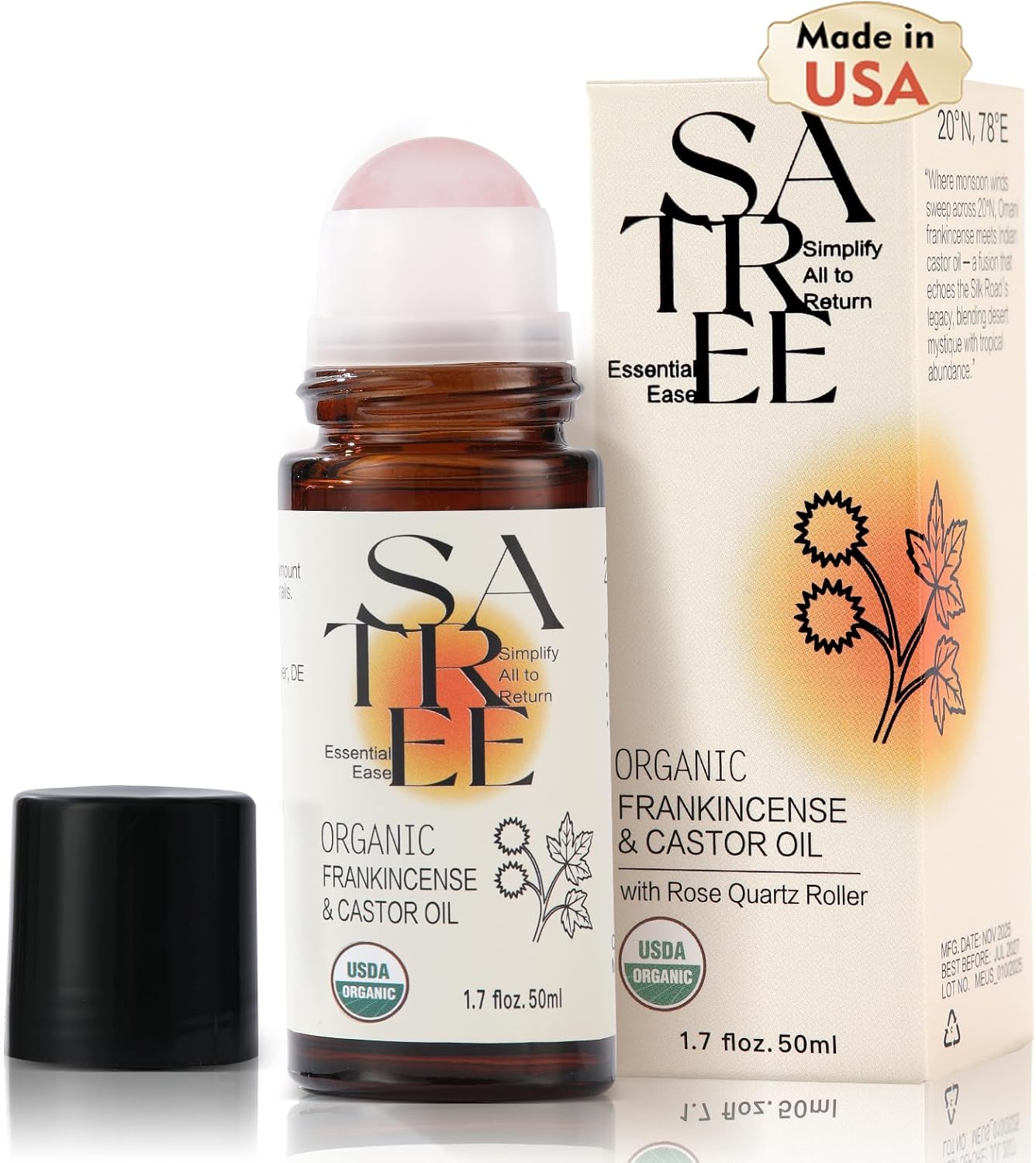 Organic Castor & Frankincense Oil Roll-On - USDA Certified Essential Blend with Rose Quartz Rollerball for Anti-Aging & Dark Circles (1.7 fl oz)