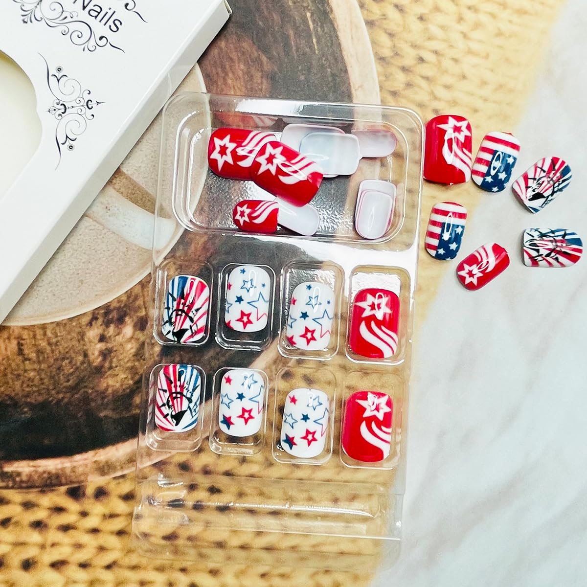 4th of July Press on Nails Short Petite Cute Fake Nails Red Blue Star American Flag Designs Independence Day False Nails Freedom Patriotic Acrylic Nails Square Reusable Glue on Nails for Women 24Pcs