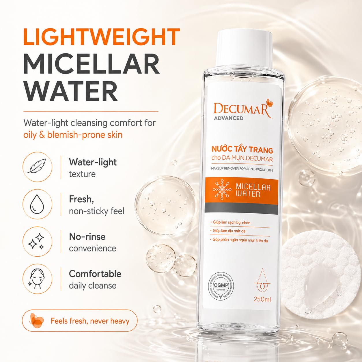 HVSun Decumar Micellar Cleansing Water Makeup Remover, Gentle No-Rinse Facial Cleanser with Green Tea & Willow Bark, for Oily & Blemish-Prone Skin, 250 mL / 8.45 fl oz