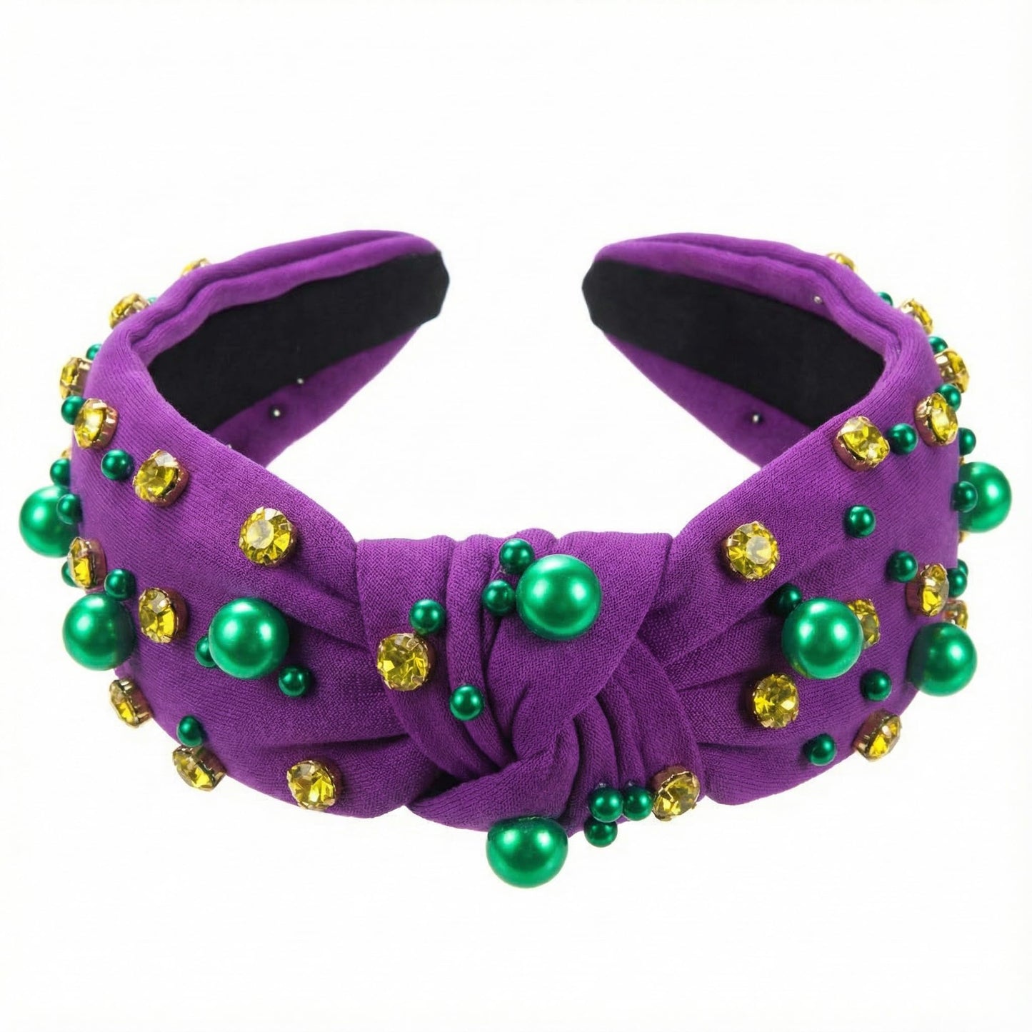 XIELIME Mardi Gras Headband for Women, Purple Green Gold Pearl Rhinestone Jeweled Knotted Cloth Hairband Carnival Wide Knot Head Band Mardi Gras Outfit for Women's Hair Accessories