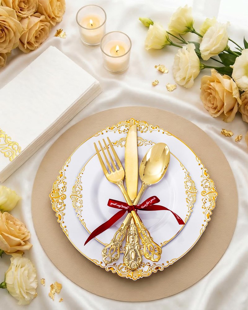 Ciaell 300PCS White and Gold Plastic Plates - Gold Disposable Dinnerware Sets for 50 Guests - 100 Plates, 50 Knives, 50 Forks, 50 Spoons, and 50 Napkins for Wedding, Anniversary, Party