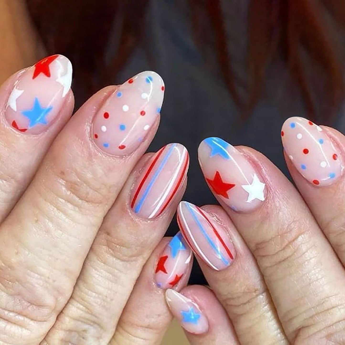 Press On Nails - Medium Square American Flag Glitter Design | 24Pcs Red, Blue & Gold 4th of July Fake Nails