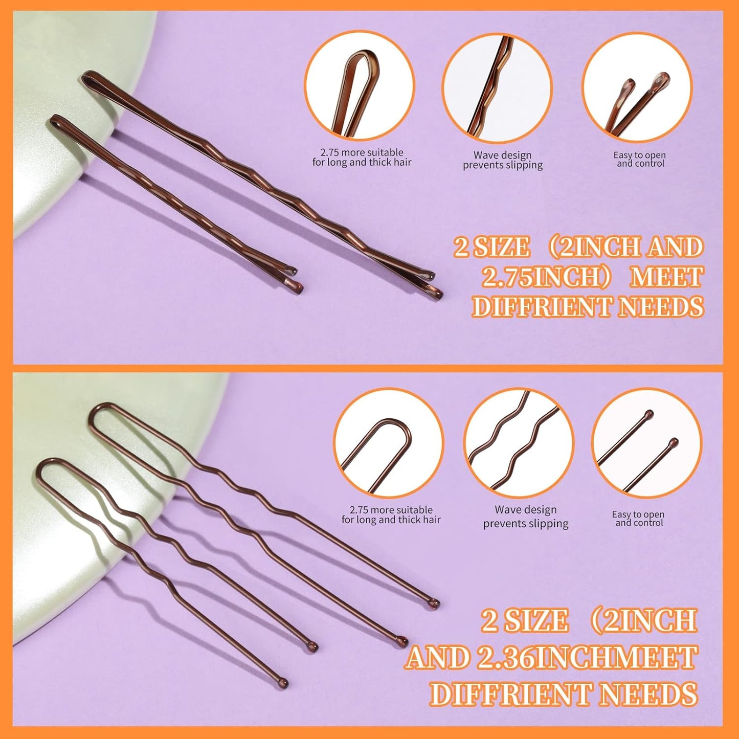 Bobby Pins Hair Pins Kit - 300pcs Brown Hair Accessories for Women | 100 Hair Bands, 2-2.75 Inch Sizes