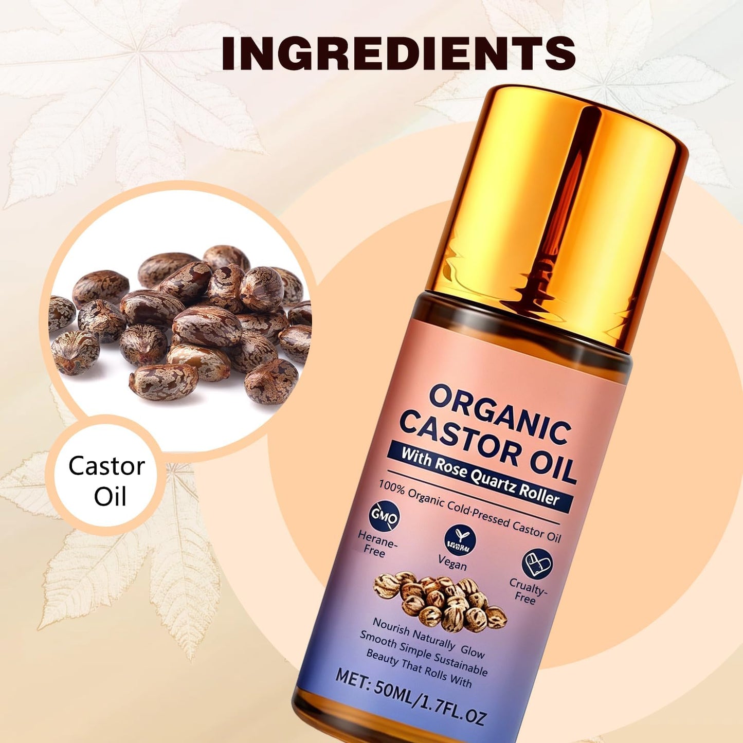 Zenvoro Organic Castor Oil Roll On with Rose Quartz Roller, 100% Cold Pressed Castor Oil, Natural Roll Ball for Face, Body, Hair & Eyebrows, Gentle Moisturizing Care (2PCS)