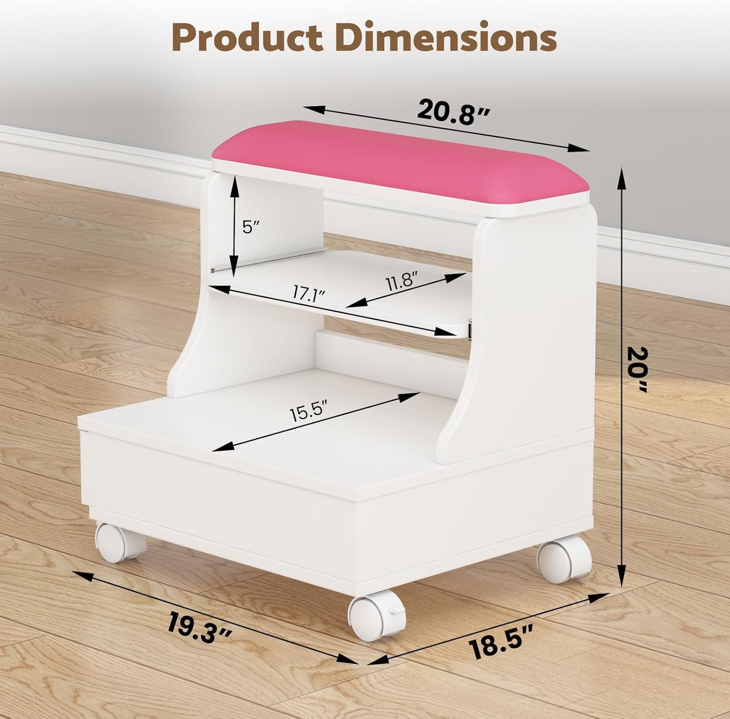 Rolling Pedicure Foot Rest Stool - PU Cushion Spa Station with Storage & Wheels | Pink