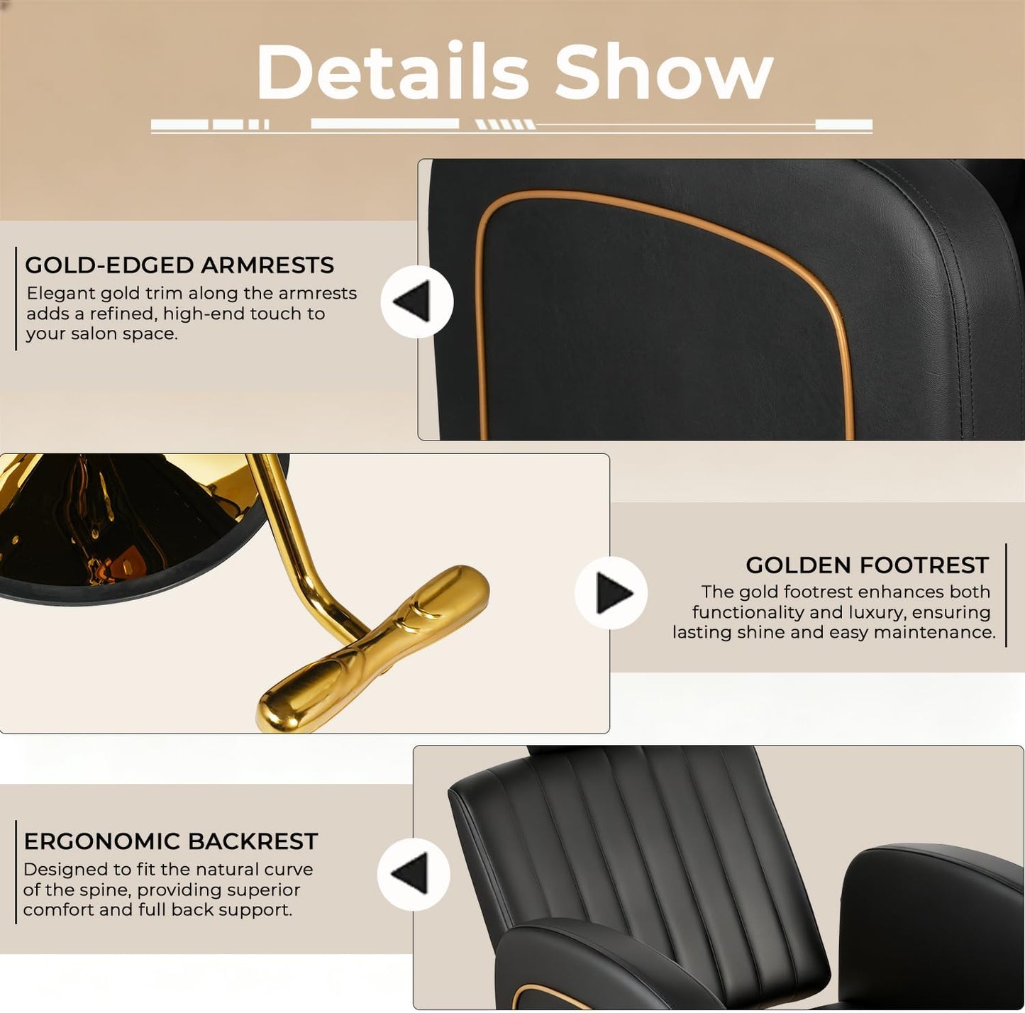 Reclining Salon Barber Chair - Black & Gold Heavy Duty Hydraulic with Adjustable Backrest | Supports 330 lbs, 360° Swivel