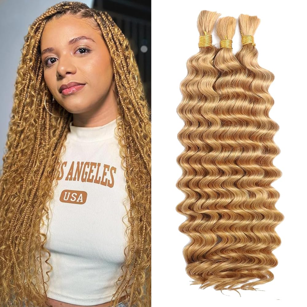 28 inch Human Braiding Hair for Boho Braids 150g Honey Blonde Deep Wave Braiding Hair for Bohemian Knotless 10A Deep Wave Bulk Bohemian 3 Bundles
