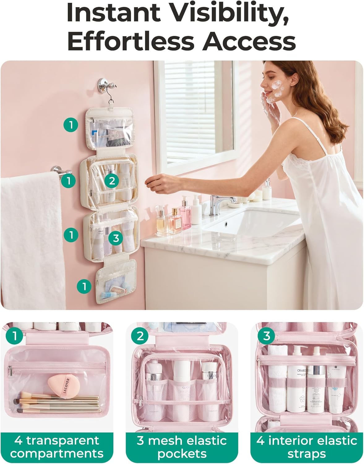 Travel Toiletry Bag for Women - Portable Hanging Makeup Organizer | Waterproof Cosmetic Bag in Pink