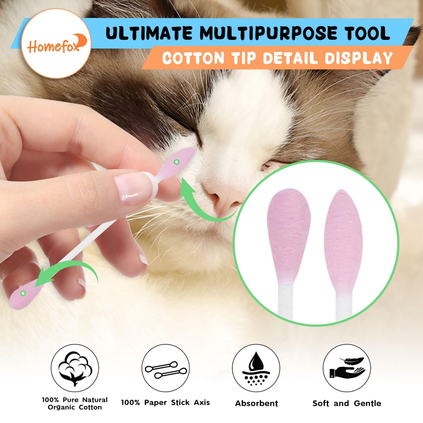 HOMEFOX XL Pink Thick Cotton Swabs Pointed Precision - 250 Count Extra Large - Pointy Organic Cotton Buds Double Side Tightly Wrapped Cotton Tips Paper Stick Cruelty-Free, XL Pointy & Round Pink