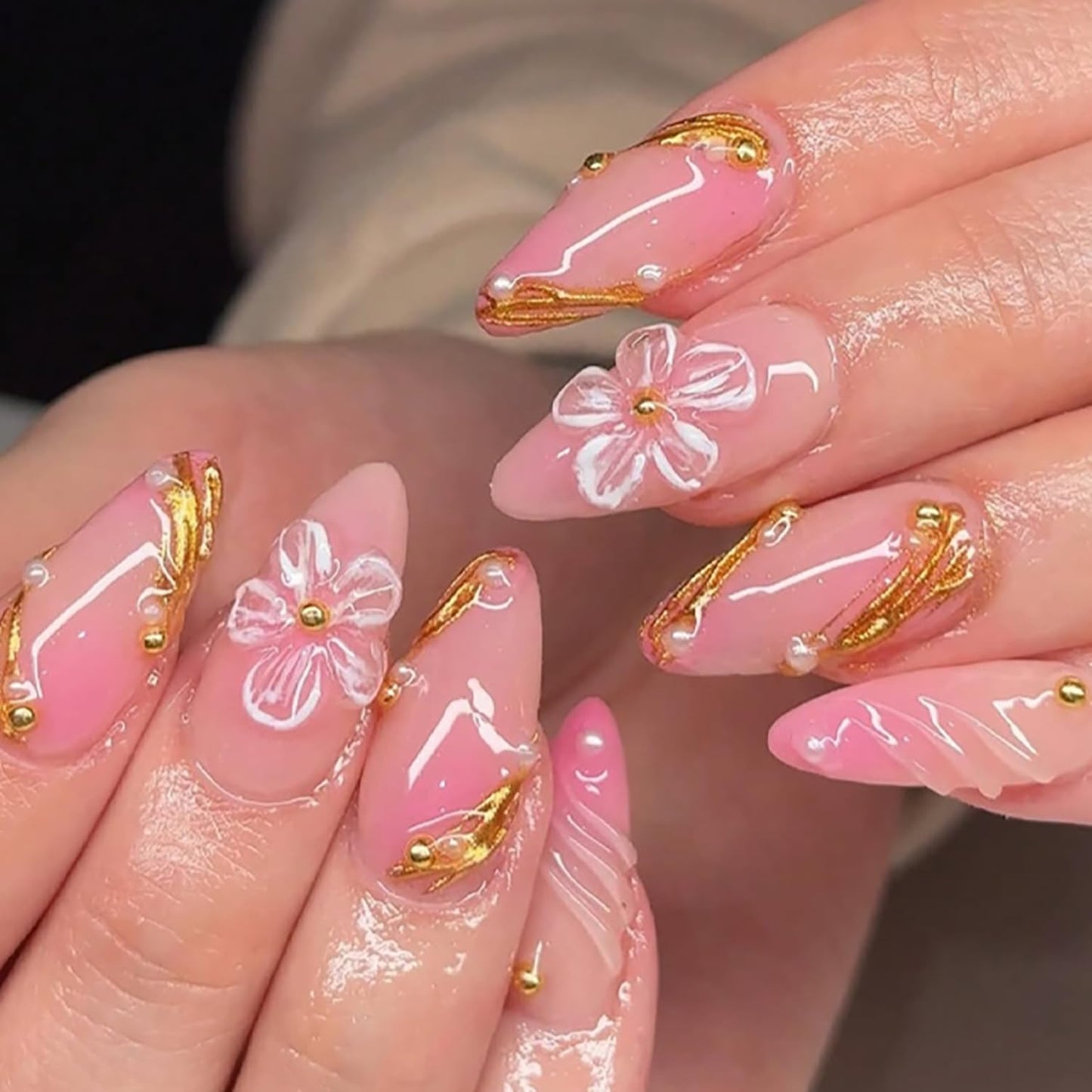 French Tip Press-On Nails - Short Square Floral Design with 3D Rhinestones | 24 Pcs Glossy Acrylic Set