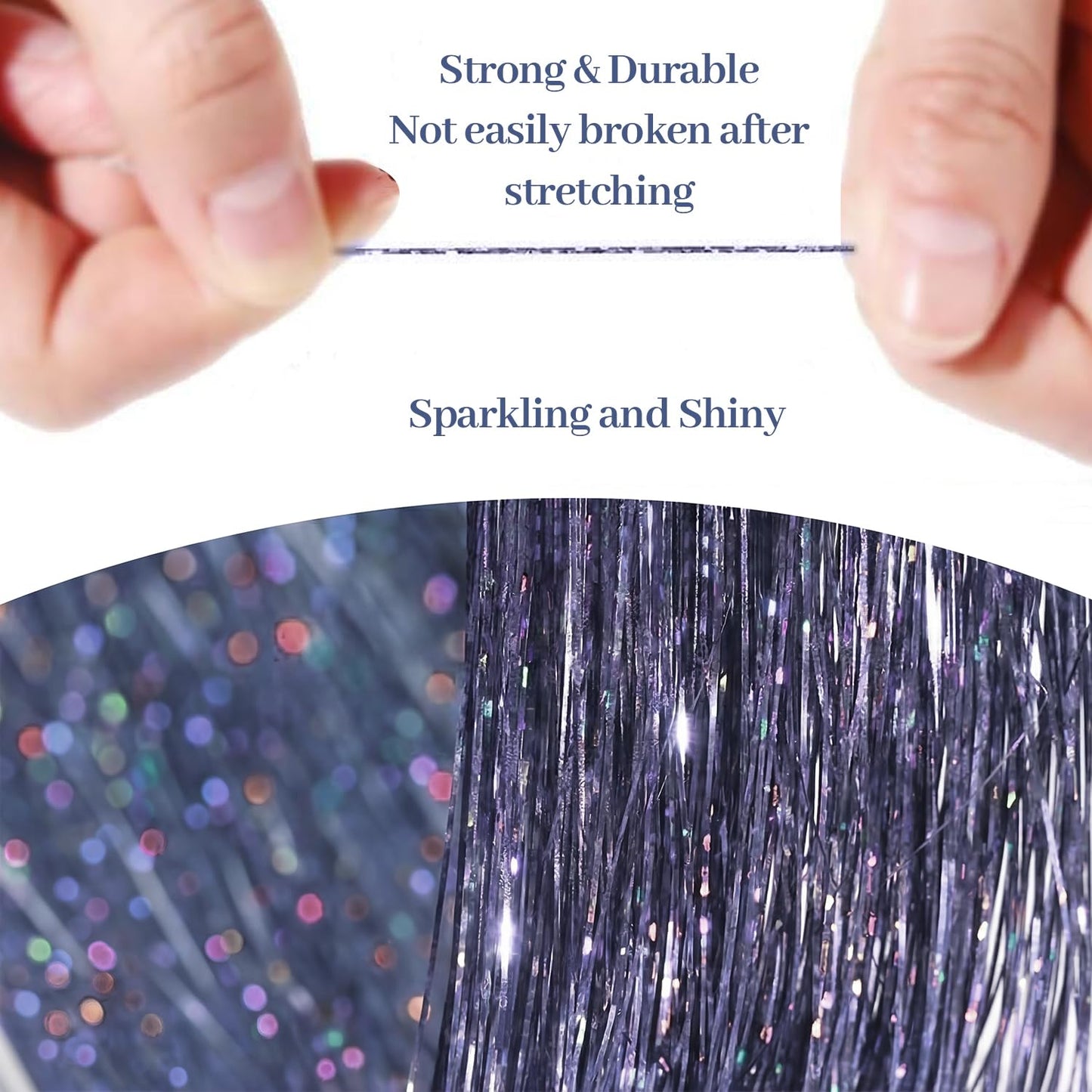 Hair Tinsel 8 Packs 1600 Strands 50 Inch Tinsel Hair Extensions Egg Pink Heat Resistant Glitter Sparkling Shinny Fairy Hair Accessories for Women(Dark gray, 50Inch)