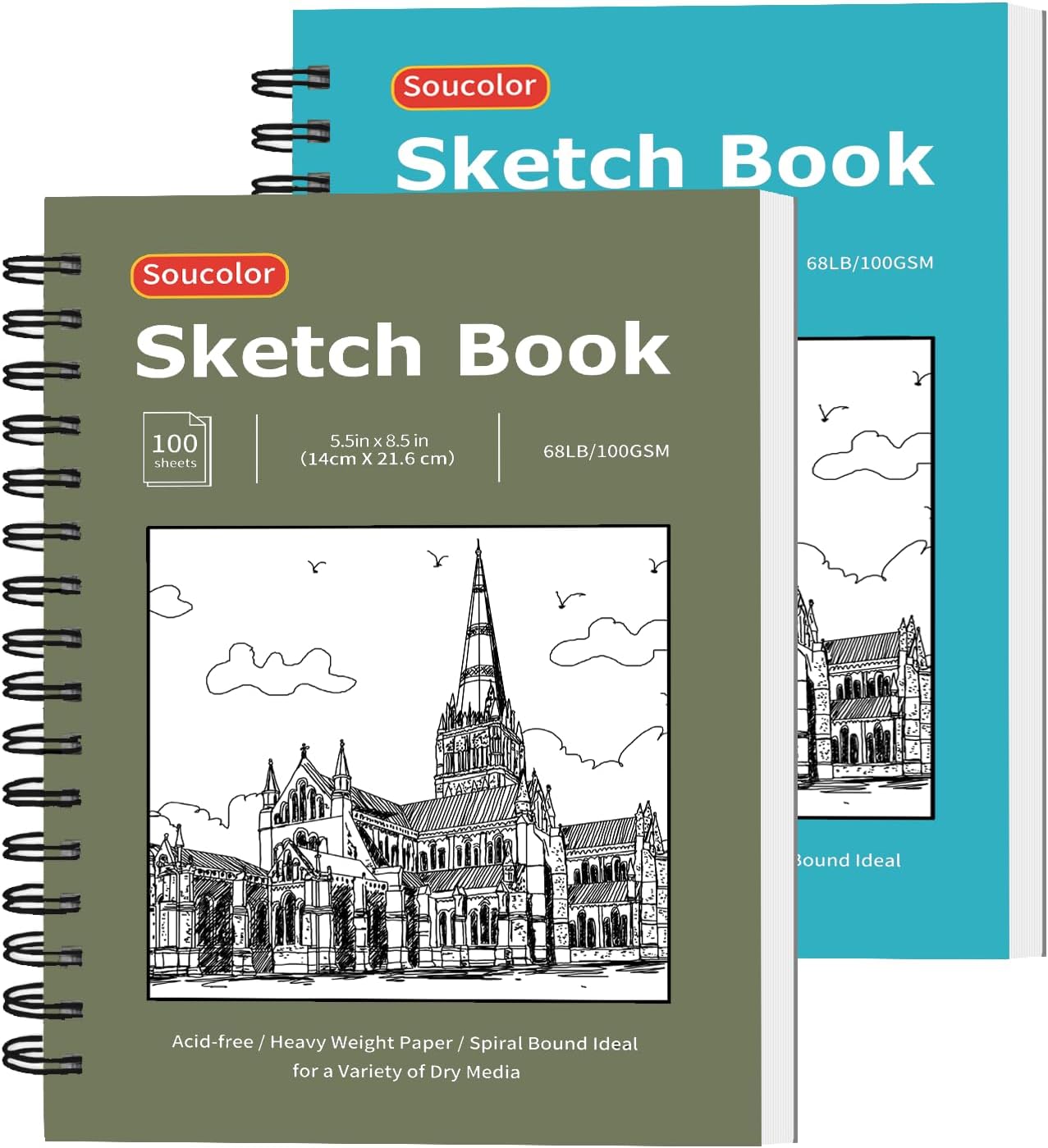 Soucolor Sketch Book - 9" x 12" Top Spiral Bound, 100 Sheets Acid-Free Drawing Paper | Ideal for Kids, Adults & Artists