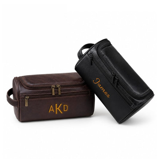 Personalized Toiletry Bag for Dad, Custom Embroidery with Name Letter PU Leather Waterproof Toiletry Organizer Dopp Kit Travel Essential for Men Husband Groomsmen Father's Day Anniversary (Coffee)