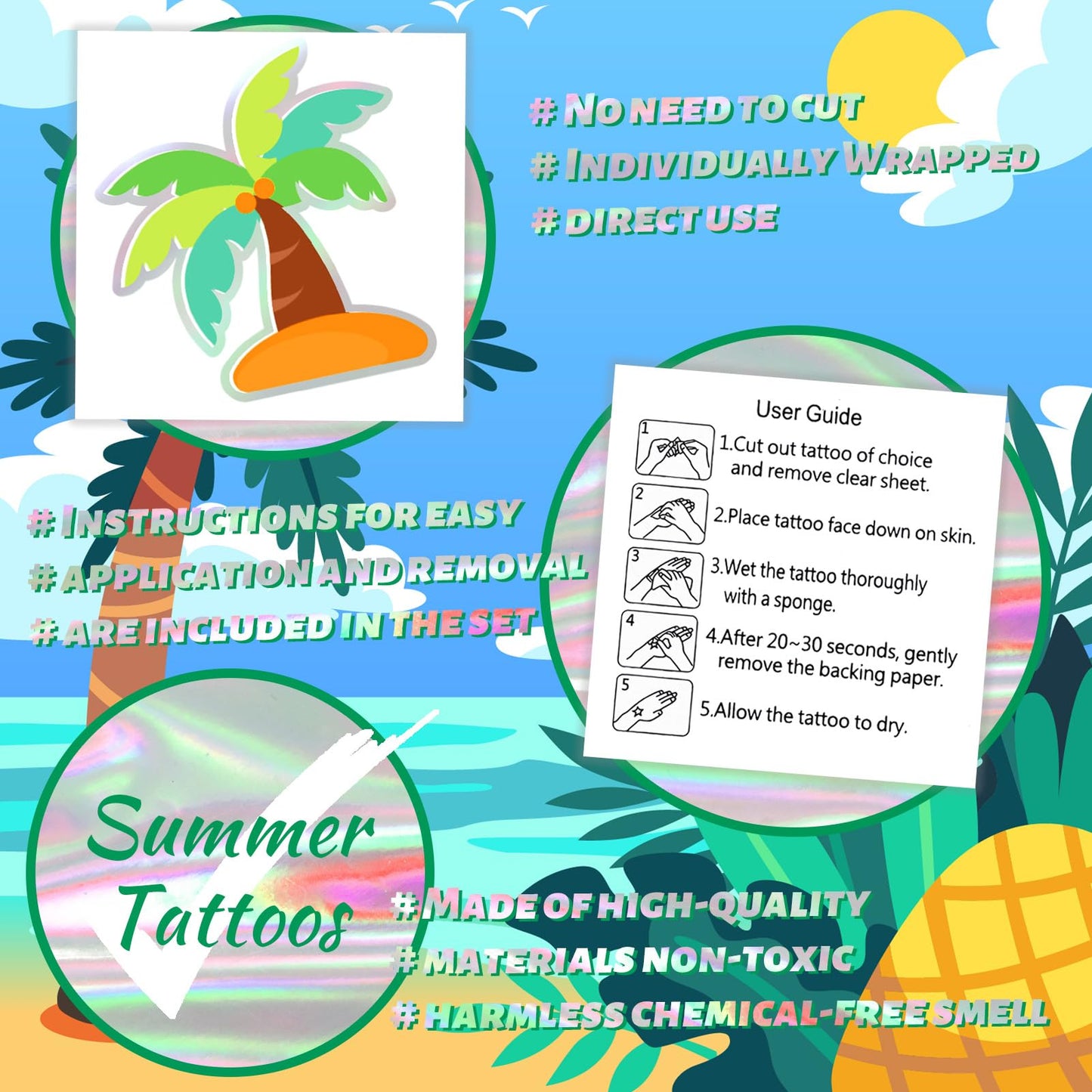 winthrop 120 Pcs Summer Temporary Tattoos for Kids, Metallic Foil Bronzing Style, Individually Wrapped Safety Waterproof Tattoos, Best Choice for Hawaiian Pool Beach Party Matching Game, 60 Designs