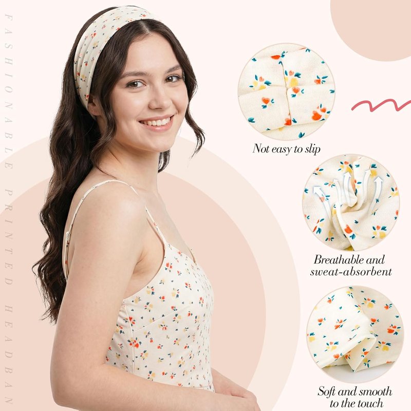 8 Pack Pink Floral Stripe Headbands for Girls - Non-Slip Summer Accessories